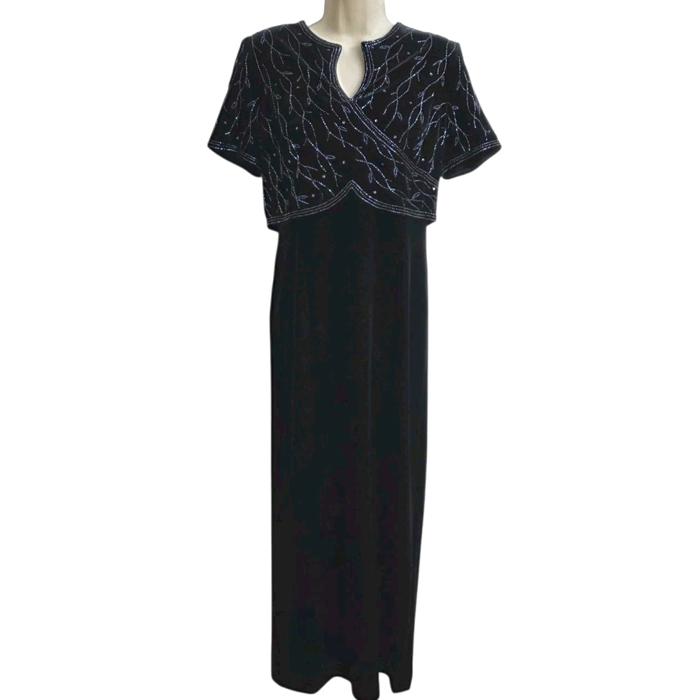 Karen Miller Dress Womens Size 6P Black Beaded Formal Gown Short Sleeve